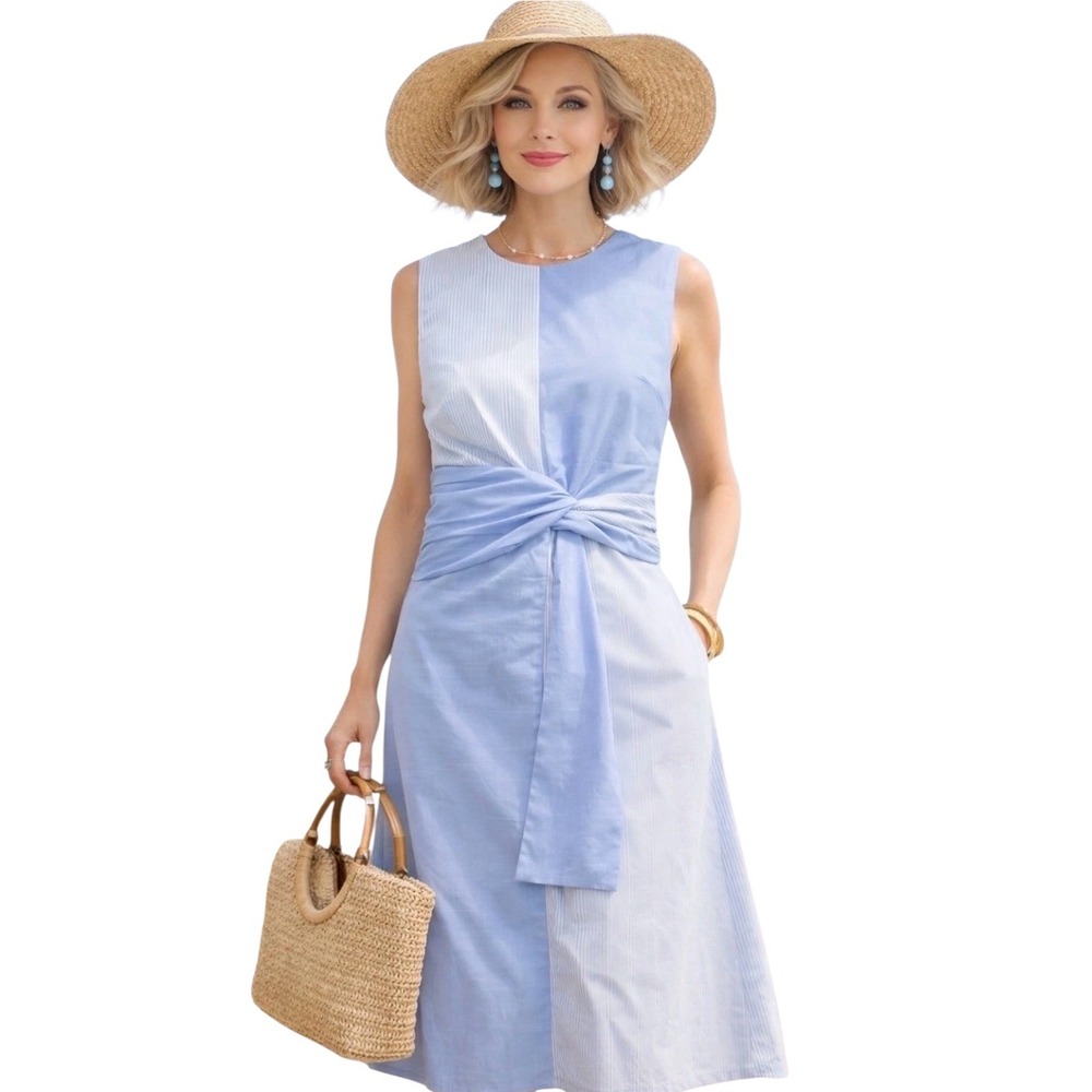 Misook Womens Blue White Striped Cotton Linen Tie Waist Midi Dress Size L New